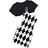 OYOANGLE Girl's Cute 2 Piece Outfits Print Cami Short Dress with Crop Top Tee Set