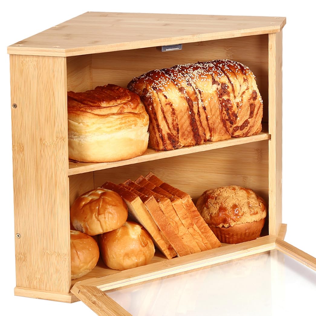 NewEle Bamboo Corner Bread Box - Double Layer Bread Box for Kitchen ...