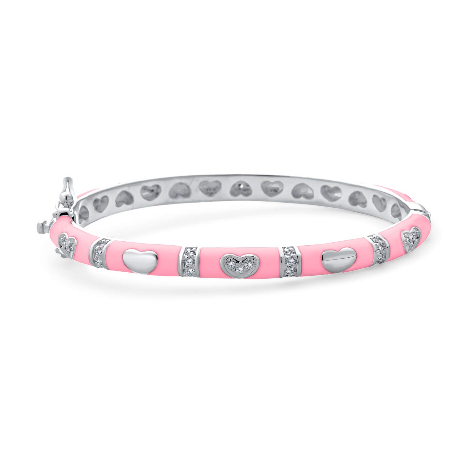 Bling Jewelry Tiny Bangle Bracelet For Women Pink Enamel CZ Cubic Zirconia Pave Hearts Silver Plated Brass For Small Wrists 6 Inches