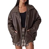 FSVABY Womens Oversized Faux Leather Motocycle Jacket Zip Up Outwear Coat with Pockets (Dark Brown, Large)