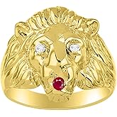 Rylos Lion Head Ring Color Stones Eyes & Diamond Mouth – Fun Designer Rings in Sizes 8-13 in Yellow Gold Plated Silver