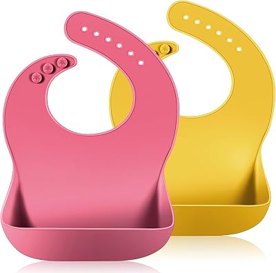 Vicloon Silicone Baby Bib 2PCS Waterproof with Wide Food Catcher Pocket Pink