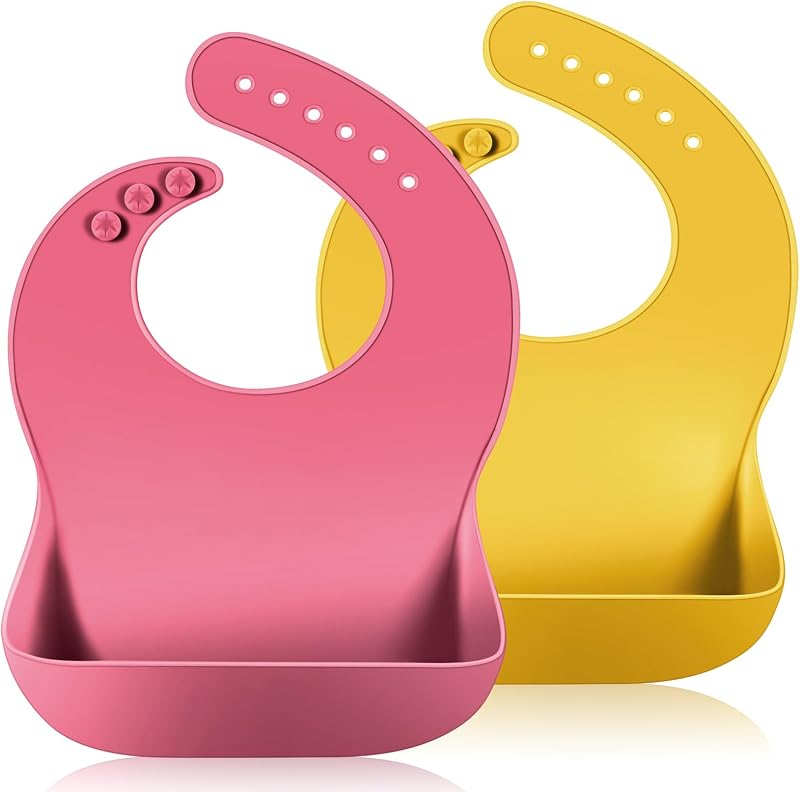 Vicloon Silicone Baby Bib 2PCS Waterproof with Wide Food Catcher Pocket Pink