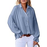 Astylish Women's Casual Blouses Linen Tops Cute Puff Sleeve V Neck Button-Down Henley Shirts