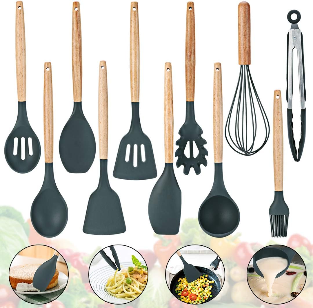 Kitchen Cookware Utensils Sets 11Pcs Silicone Utensil Sets Cooking Best Assistant with Heat-Resistant Easy to Clean-Premium Silicone Kitchen Utensils Tools