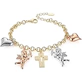HZMAN Chunky Gold Cross Bracelet for Women 14k Gold Plated Cupid Love Link Bracelet