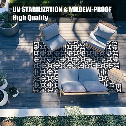 HUGEAR Outdoor Rug, Large Waterproof Outdoor Area Rug, Reversible Portable Outdoor Plastic Straw Carpet for RV Deck Camping Front Door Indoor Outside Porch Picnic (5x8ft Clover Black&White)