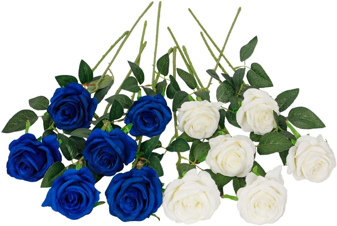 Floralsecret 12 Pcs Artificial Silk Rose Flower Bouquet Faux Flowers(White&Blue), 10.16 cm x 50.8 cm x 8.89 cm