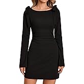 URYIAO Women's Long Sleeve Mini Dress Boat Neck Tie Shoulder Fall Winter Ruched Elegant Short Cocktail Party Dresses