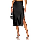 BOMAROLAN Women's Satin Midi Skirt High Waist Solid Silky Skirts for Women Elasticized Waistband A-Line Slit Midi Skirts