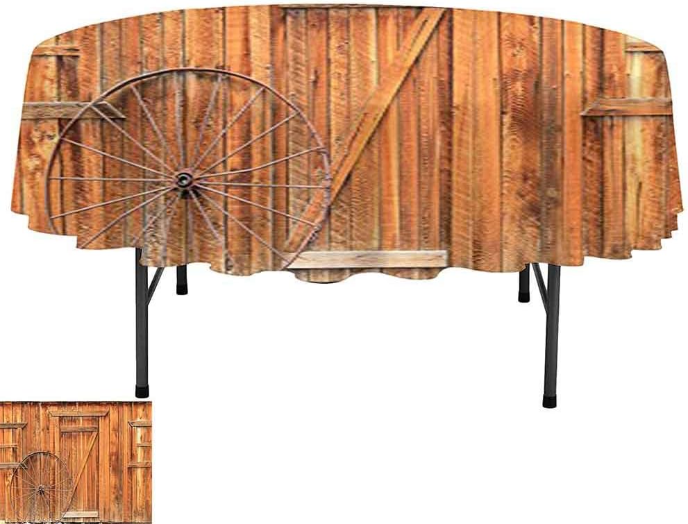 Polyester Table Cloth, D63 Inch Decorative Table Top Cover, Western Decor Collection Ancient West Rural Town Rustic Weathered Wooden Door and Vintage Wagon Wheel Picture Peru