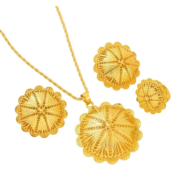 Ethiopian Gold Jewelry Set - 24K Gold Plated Pendant Necklace, Earrings, Bangle & Ring, Habesha Eritrean Style - View #7