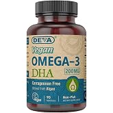 DEVA Vegan Omega-3 DHA Supplement, Once-Per-Day Softgel 200 MG, Carrageenan Free, Gelatin Free, Non-Fish, Algae Oil, Omega-3 Fatty Acids - 90 Softgels