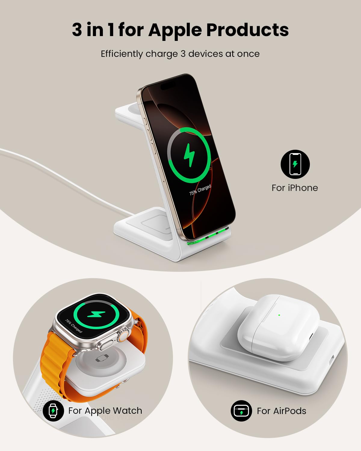 GEEKERA 3 in 1 Wireless Charging Station for Apple, Fast Wireless Charger Stand Dock for iPhone 16 15 14 13 12 11 Pro Max Plus XR XS X, Apple Watch Ultra/10/9/SE/8/7/6/5/4/3/2, AirPods Pro/4/3/2