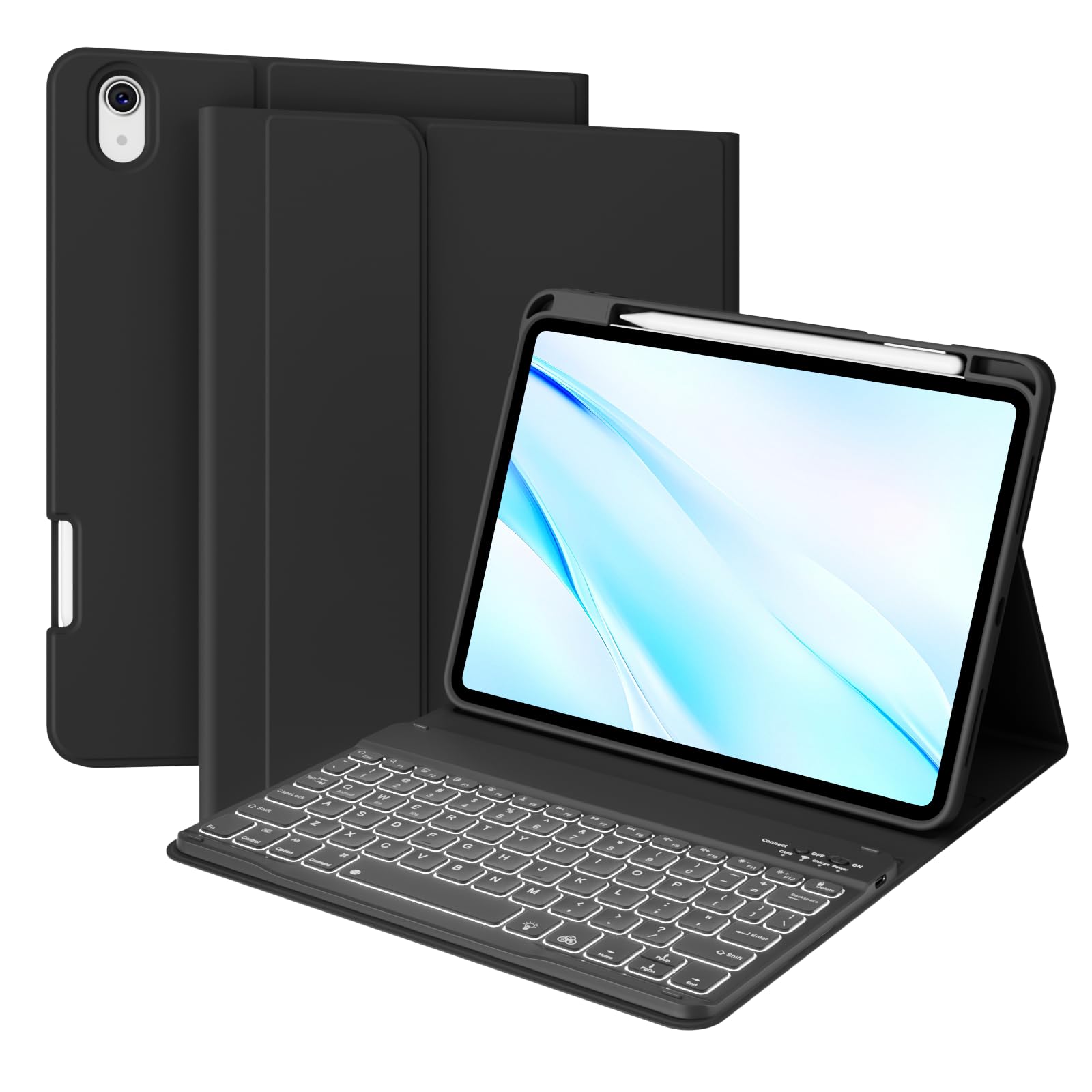 Photo 1 of kenke Keyboard Case for iPad Air 11 inch (M3/M2, 2025/2024), for iPad Air 5th/4th Gen (2022/2020) 10.9 Inch with Pencil Holder, 7 Colors Backlit Wireless Detachable Folio Keyboard Cover, Black