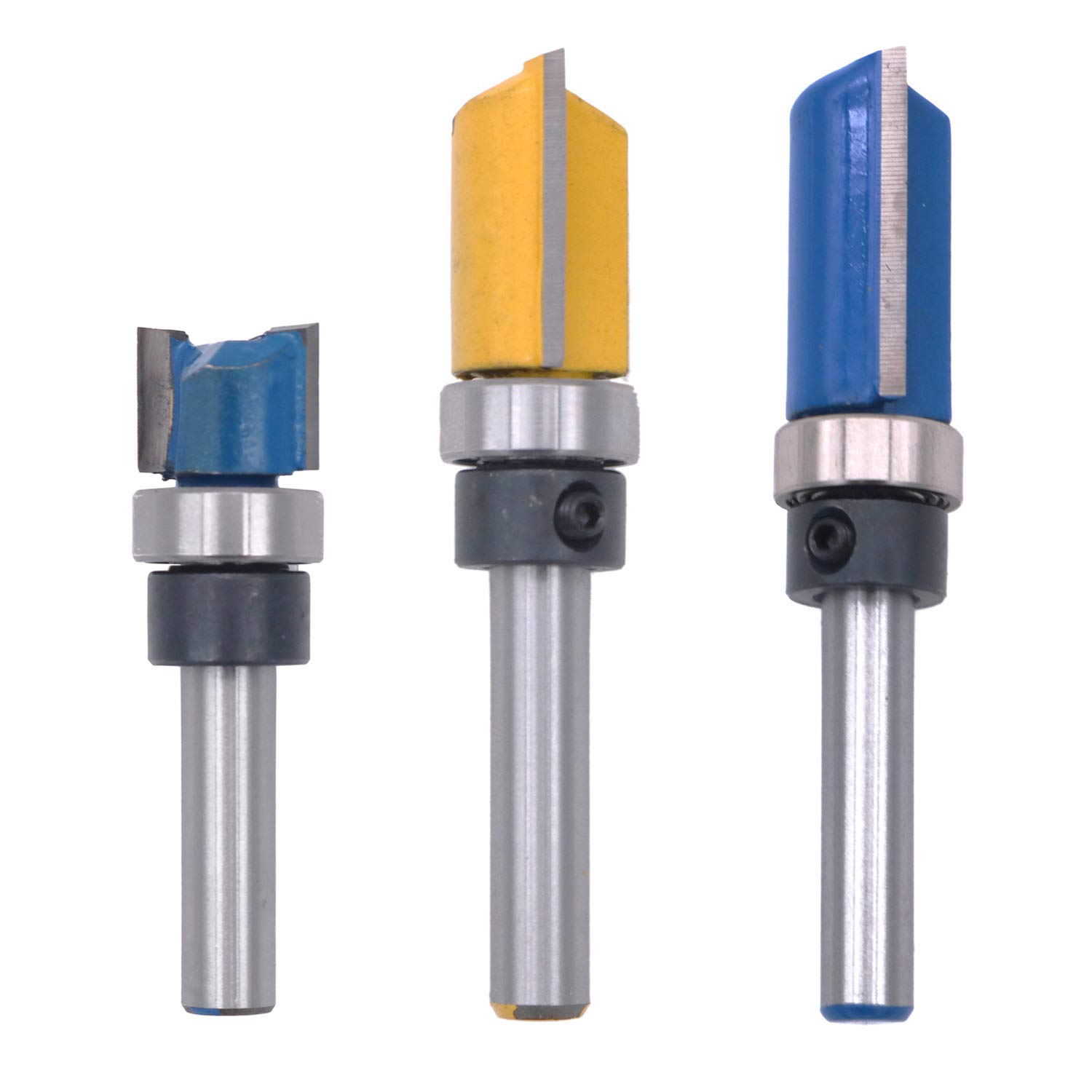 POFET Router Bit Set 3pcs Double Straight Flute Trim Template Router Cutter 1/4" Woodworking Milling Tools with Top Bearing