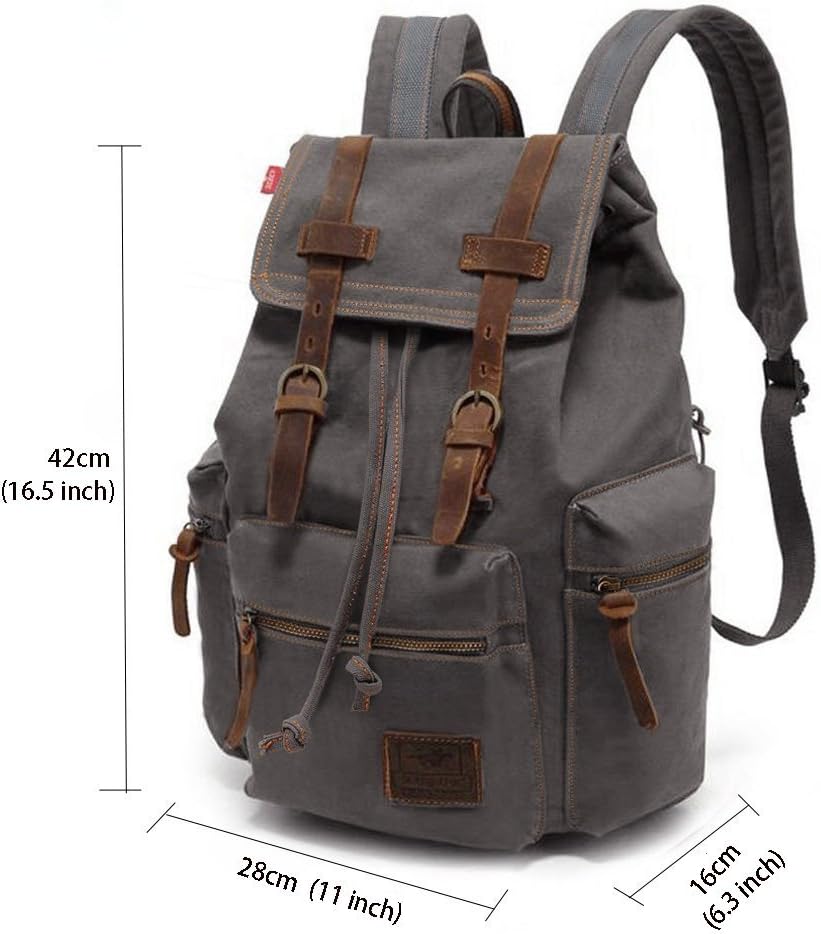 Vintage Unisex Casual Leather Backpack Canvas Rucksack Bookbag Satchel Hiking Backpack Travel Outdoor Shouder Bag (Grey) 27.9 x 16 x 41.9 cm - Image 5