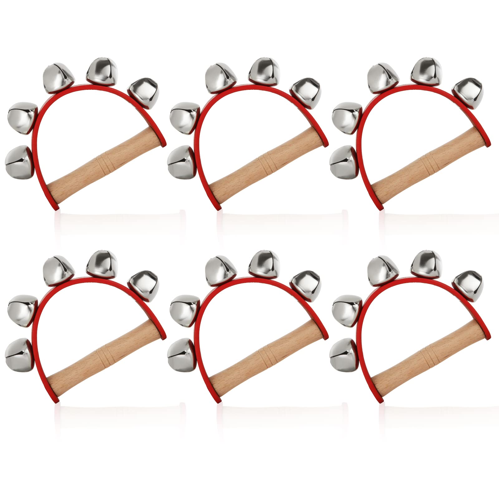 AKOLAFE 6PCS Sleigh Bell Instrument, Red Jingle With 5 Steel Jingles, Wooden Handle Musical, Leather Strap Music for Christmas, Valentines, Crafts Decor