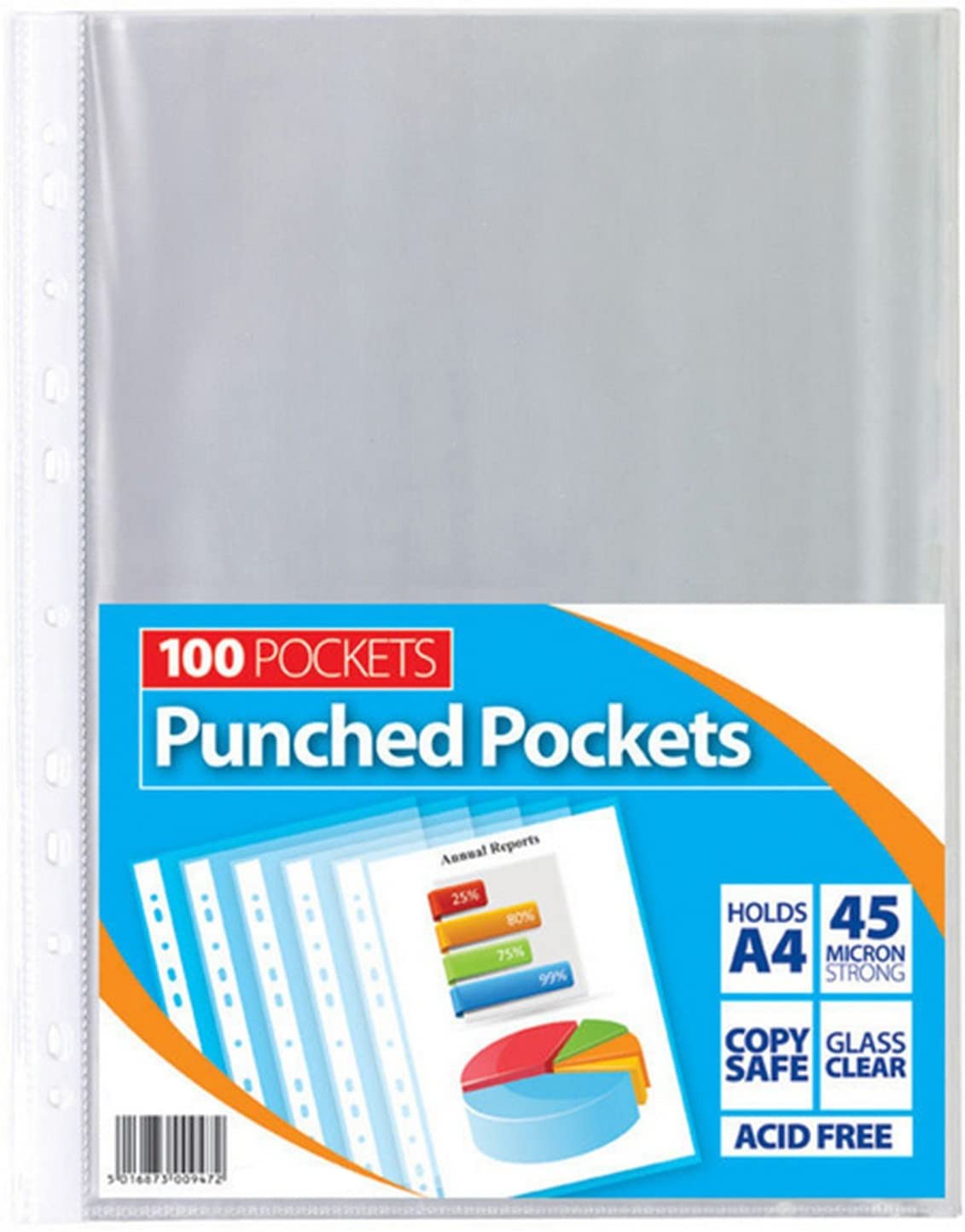 100 Pcs A4 Plastic Punched Pockets, 45 Micron Quality Sleeves for Filing, Folders, and Wallets, Delivering Superior Durability and a Pristine Crystal Clear Glass Finish