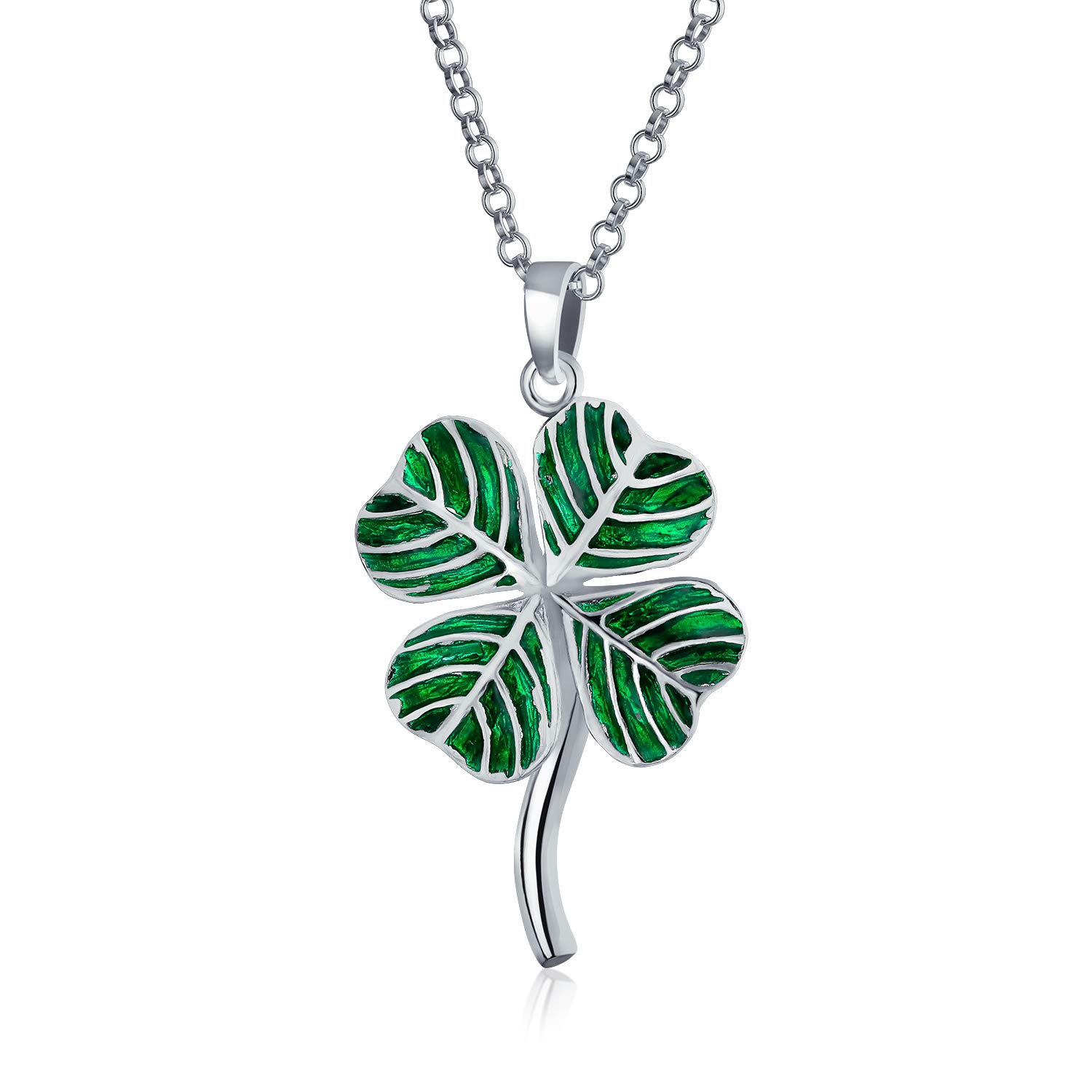 Bling Jewelry Saint Patrick Irish Shamrock Green Good Luck Charm 4 Leaf Clover Pendant Necklace For Women For Teen .925 Sterling Silver