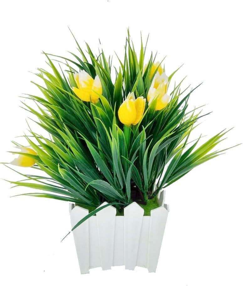 Adaspo Artificial Bonsai Plant with Green Grass and Yellow Buds as Miniature Planter in Plastic White Pot for Home décor Desktop Centre Table Kitchen Living Room Indoor and Outdoor