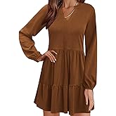 QACOHU Women Spring Tunic Dress 2026 V Neck Casual Tiered Long Sleeve with Pockets A-Line Swing Mini Babydoll Dress