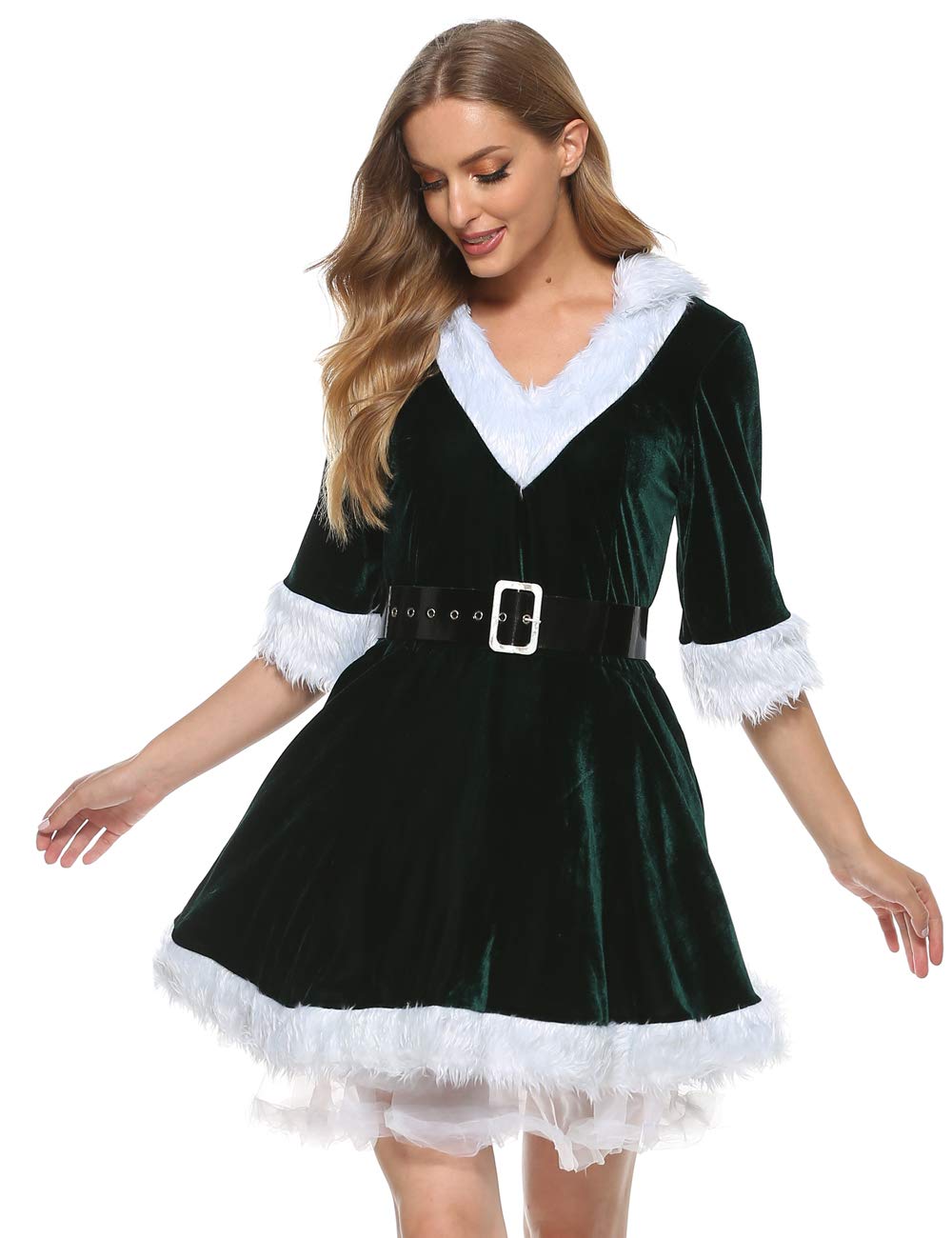 Springcmy Womens Mrs Santa Claus Costume Fancy Dress Xmas Outfit Velvet Hooded Cosplay Dress