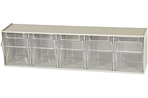 Akro-Mils TiltView Plastic Storage Cabinet with 5 Tilt Out Bins, Horizontal Plastic Parts Organizer, Teacher Toolbox, and Office Supply Organizer, 23-5/8" W x 6-1/2" H x 5-5/8" D, Stone