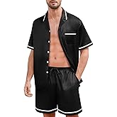 SWOMOG Men Satin Silk Pajamas Sets with Pockets Button-Down PJs Sets Short Sleeve Classic Sleepwear 2 Piece Loungewear