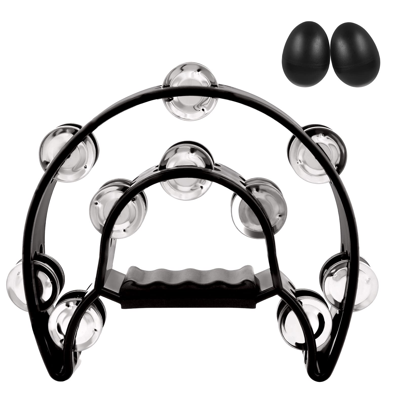 EastRock Half Moon Hand Tambourine with 20 Jingles, Double Cutaway Tambourine for Musicians Bands (16 Jingles, Black)