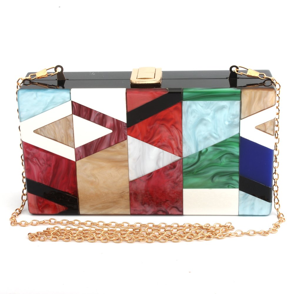 LETODE Geometric design of elegant female colored acrylic clutch gold chain bag Glitter Purse Perspex Bag Handbags for Women (GREEN)