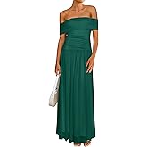 MASCOMODA Women Off The Shoulder Mesh Maxi Dress Bodycon Ruched Formal Sleeveless Pleated Cocktail Wedding Guest Long Dresses