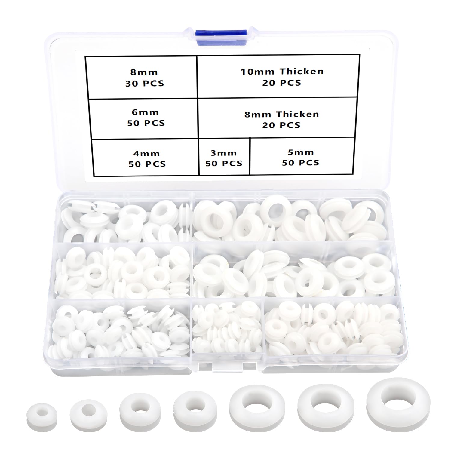 YIXISI 270 PCS 7 Sizes Rubber Grommets Kit, Conductor Gasket Ring Grommets, Rubber Hole Plugs Electrical Wire Gaskets, for Protecting Wires, Cables and Plugs, White