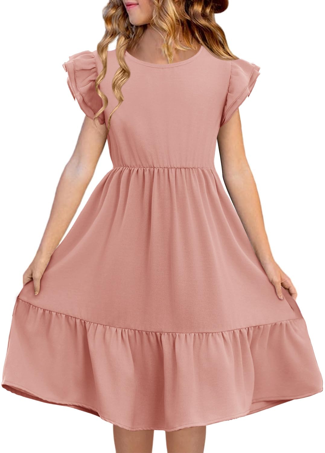 Photo 1 of Haloumoning Girls Dresses Kids Summer Double Layer Ruffle Sleeve Dress 5-14 Years Light Pink