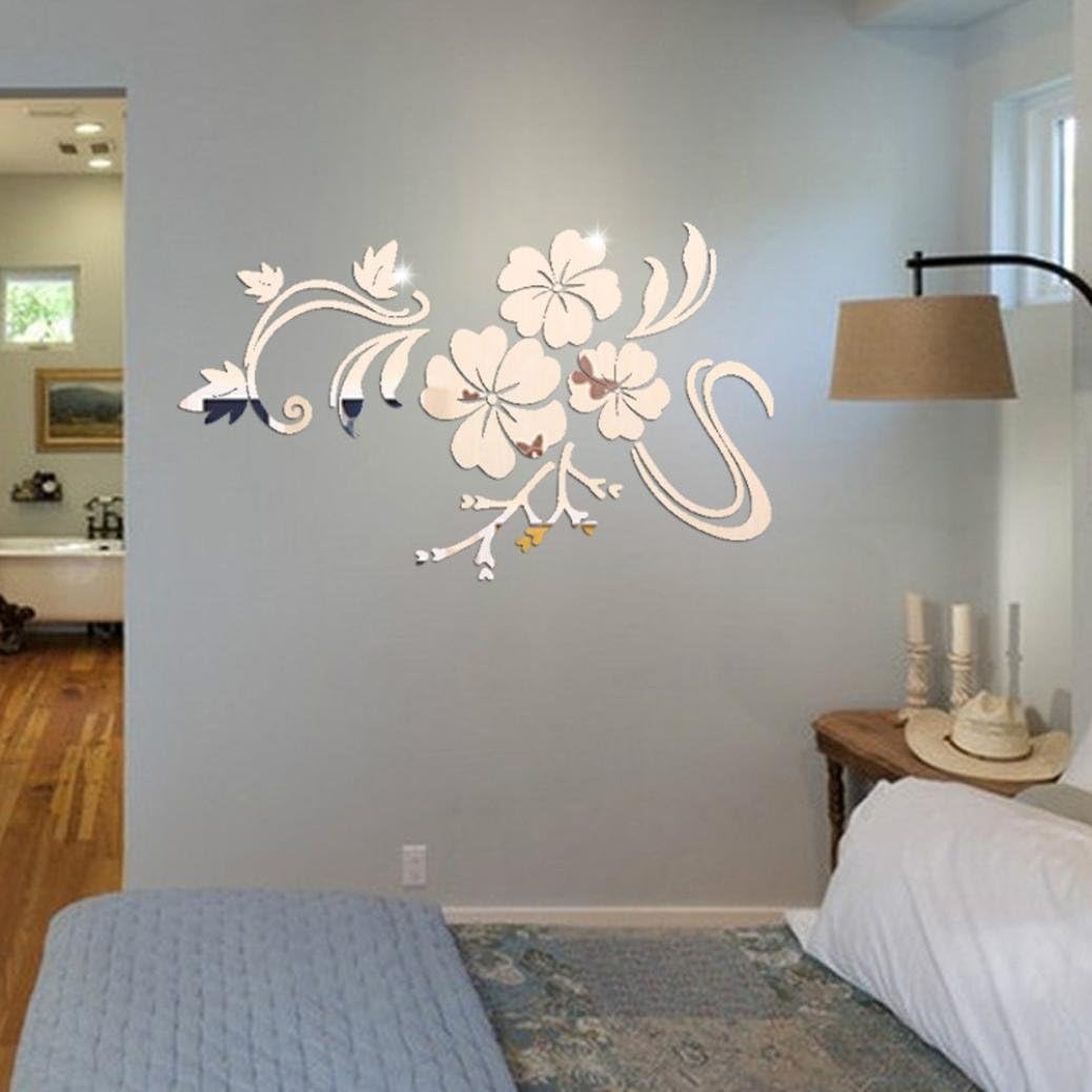 Kingko® 3D Beautiful Flower Acrylic Mirror Side Removable Wall Sticker Art DIY Decal Home Decor (Silver)