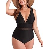 CUPSHE Women's Plus Size One Piece Swimsuit V Neck Mesh Scalloped Bathing Suit Adjustable Straps