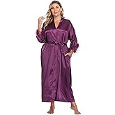 MissNina Women's Satin Kimono Robe with Ostrich Feather Trim Silk Robes Bridesmaid Robes Bridal Party Sleepwear