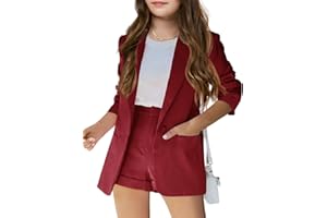 BATERMOON Girls 2 Piece Outfits Button Front Long Sleeve Blazer and Short Pants Suit Sets 4-14 Years