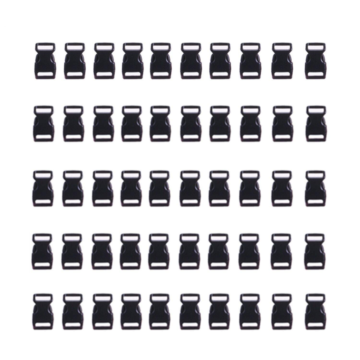 HONGCI 50PCS Black Contoured Side Release Plastic Mini Buckles 3/8 Inch for Paracord Bracelets, Dog Collar, Webbing, Bushcraft, Backpack Accessories, Tent