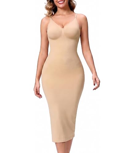 Athlemo Shapewear Slip Bodycon Dress for Women Spaghetti Strap Full Slip for Under Dress Seamless Body Shaper Tummy Control Beige S at Amazon Women's Clothing store