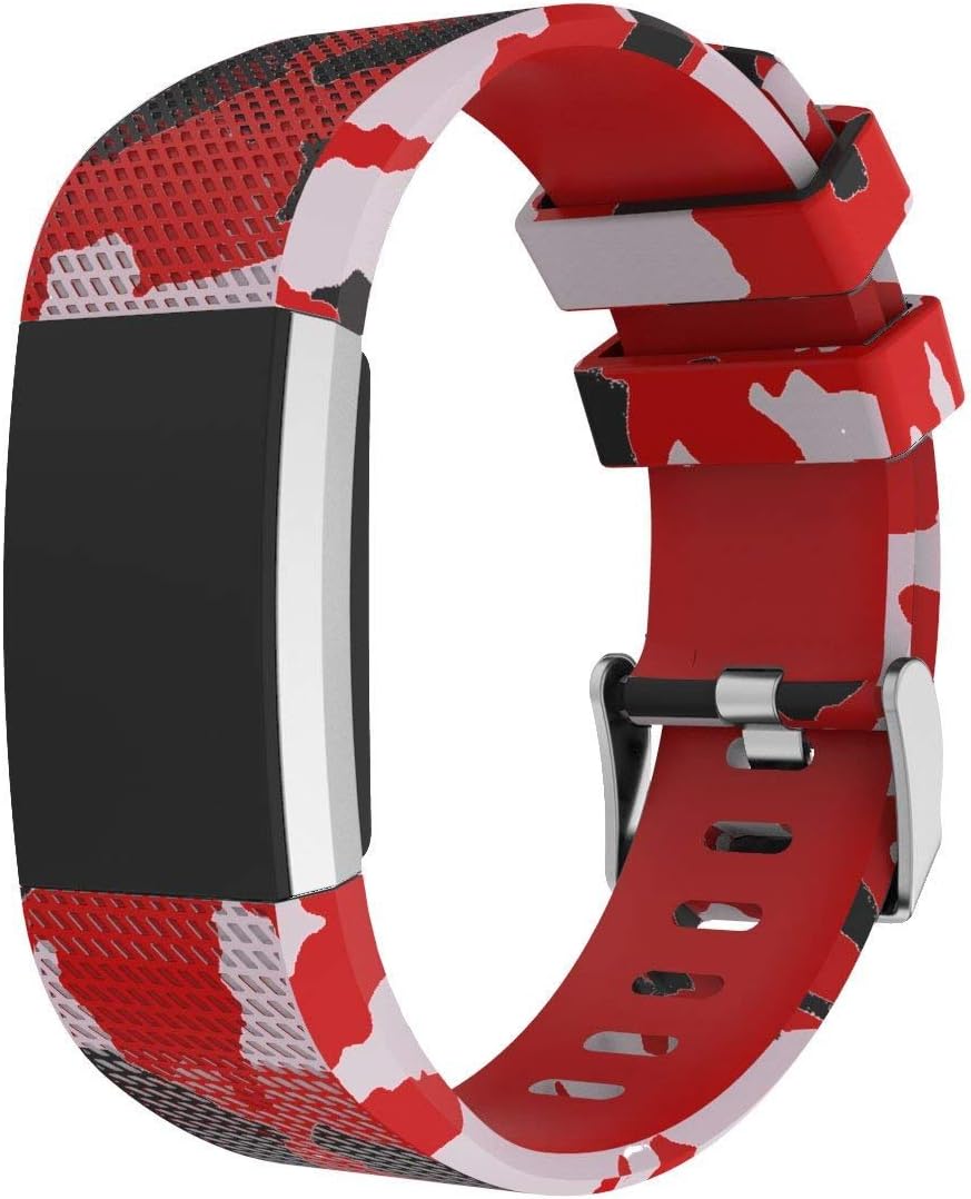 for Fitbit Charge 2 Bands, Camouflage Silicone Replacement Band with Metal Buckle Sport Strap Wristbands Accessories for Fitbit Charge2 Fitness Tracker Women Men (Red)