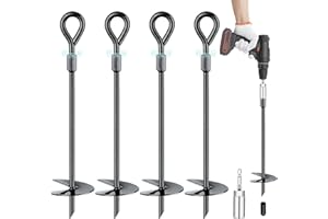 AVOFOREST 4 Pack Ground Anchors Screw in Tent Stakes Heavy Duty Set with Power Nut Driver,Spiral Earth Anchors for Camping Tent, Trampoline，Swing Set, Canopy，Carports, Sheds（A