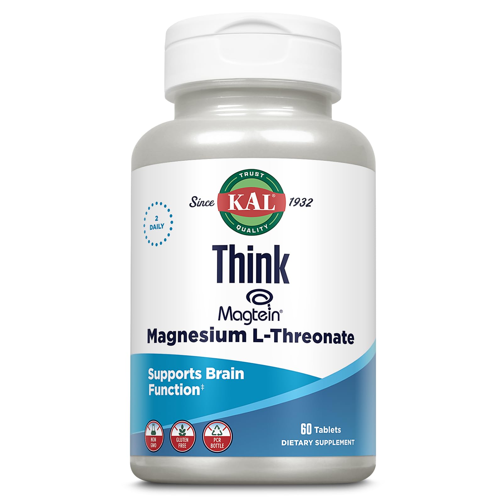KAL Think Magnesium L-Threonate 2000 mg | Learning, Brain Health & Memory Function Support w/Magtein | Vegan, No Gluten & Non-GMO | 60 Tablets