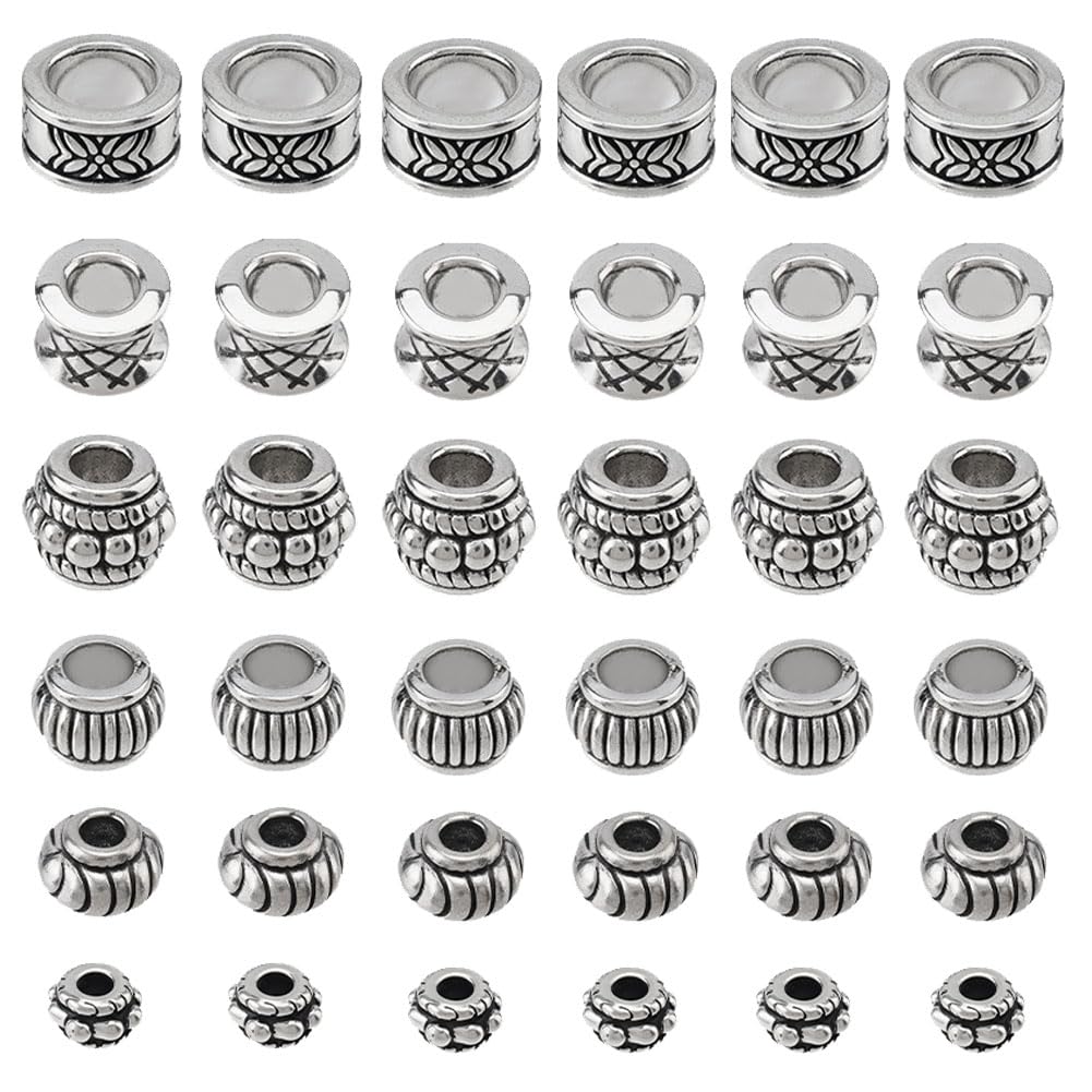 PH PandaHall 130pcs Rondelle Spacer Beads, 6 Styles Large Hole Spacers Hair Beads Tibetan Alloy Antique Bronze European Bead for DIY Crafts Bracelet Necklace Braid Hair Jewellery Making