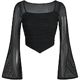 Floerns Girls Bell Long Sleeve Square Neck Asymmetrical Hem Mesh Ruched Crop Tops Tees