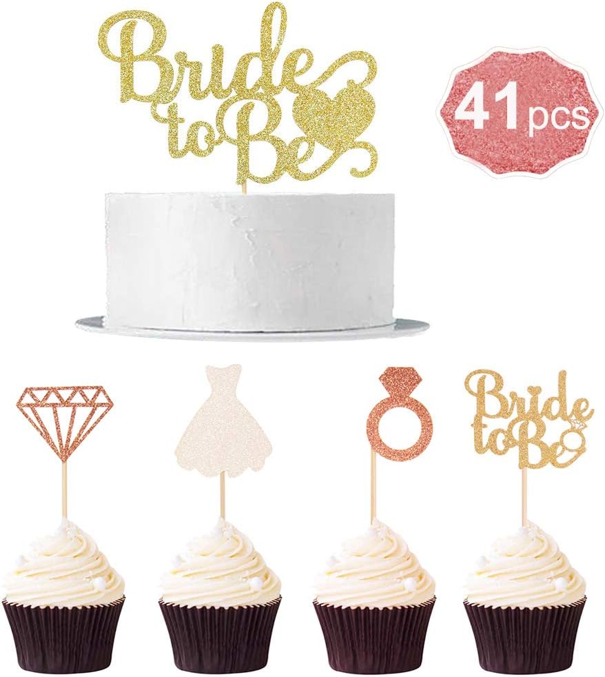 Bride to Be Cupcake Toppers Cake Topper Glitter for Wedding Bridal Shower Supplies Party Decorations with Diamond Ring (Pack of 41)