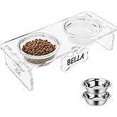 Clear Acrylic Elevated Dog Bowls with Writable Name Signs - 2×13.5oz Thick Glass & 2×Stainless Steel Bowls, 3.75" Height Rais