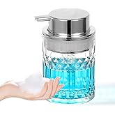 PLOUTA HOME Foaming Soap Dispenser,Clear Glass Foam Hand Soap Dispenser for Bathroom, Refillable 8 Fl Oz Foamy Pump Bottle with Large Sliver Pump, Modern Diamond Dish Soap Foam Dispenser Container