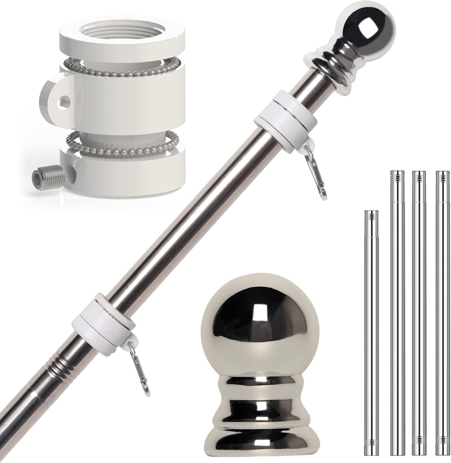 Flagpole Hardware - NELXINJO 5 FT Flagpole for House, Residential and Commercial Flag Pole kit with 2 No-Tangle Ball Bearing Rings. (Flagpole Without Bracket)