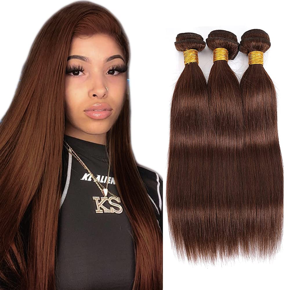 Photo 1 of #4 Brown Bundles Human Hair Straight Bundles 16 16 16 Inch Chocolate Unprocessed Brazilian Virgin Hair 3 Bundle 50 Gram Per Bundle Deals Quick Weave Hair Extensions